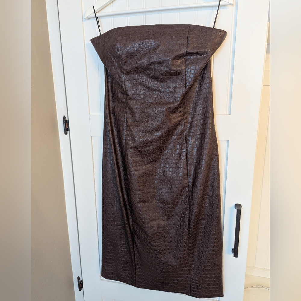 7 For All Mankind Brown Vegan Crocodile Strapless Dress